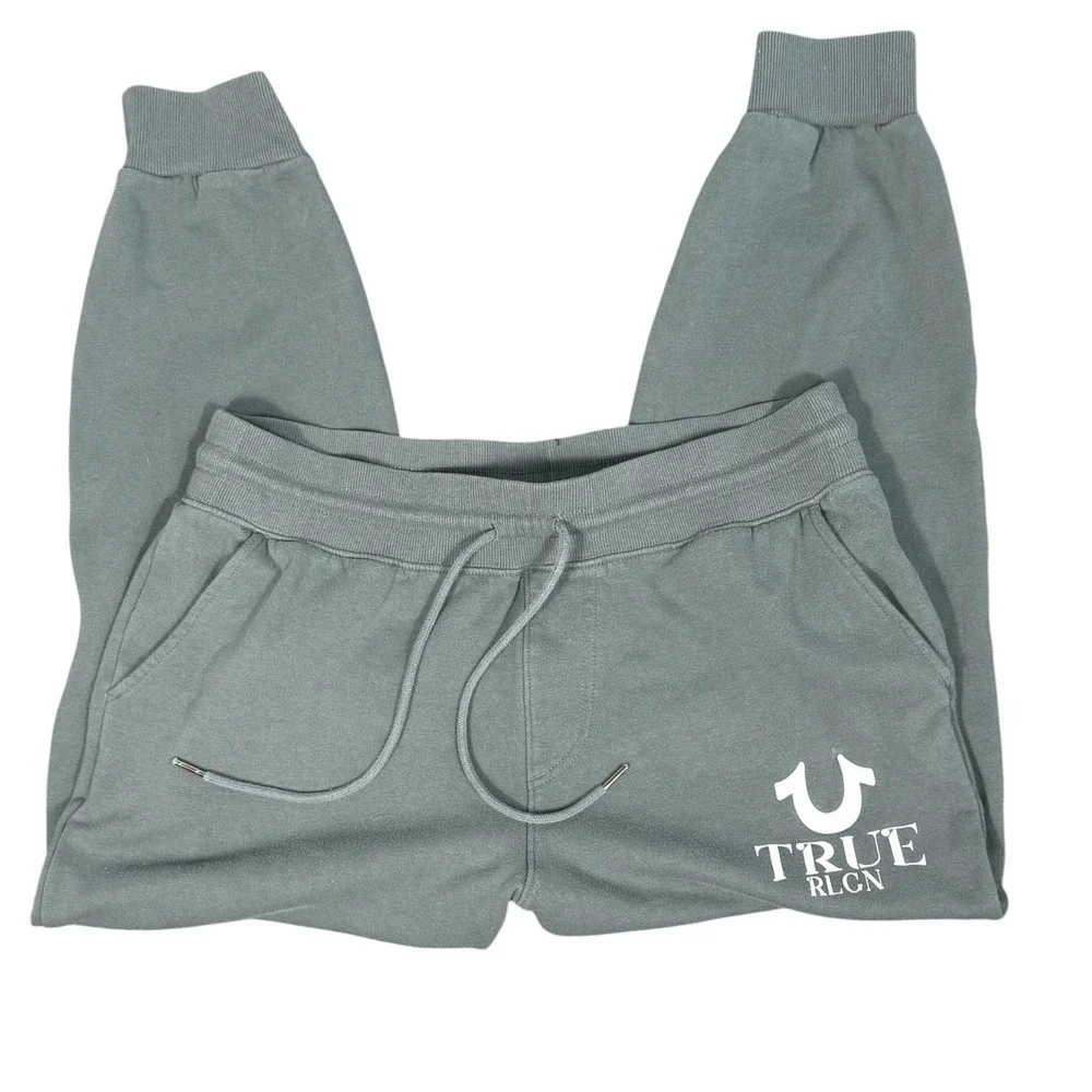 True Religion Joggers Mens Large Green Horseshoe Logo Fleece Sweatpantsr